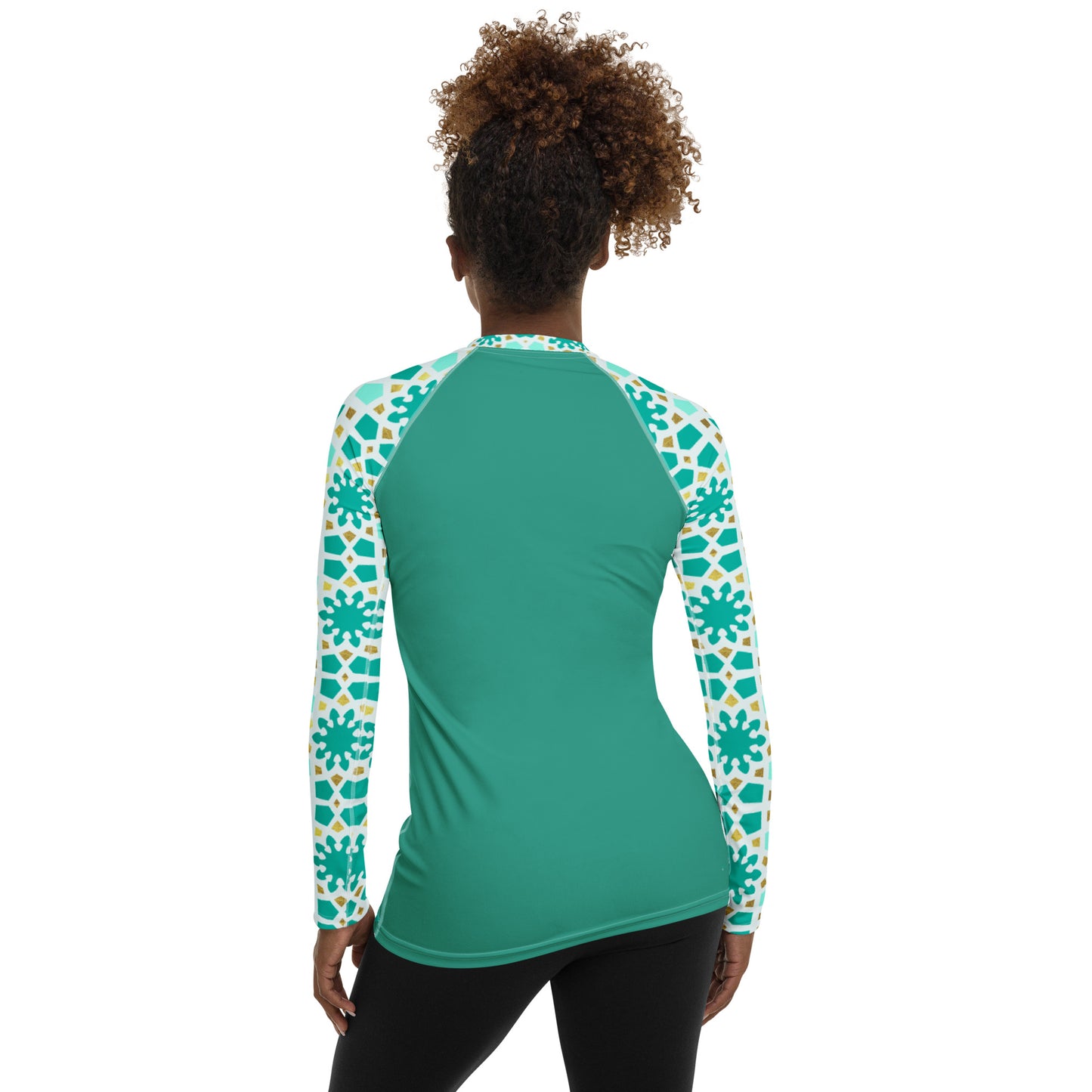 Women's Rash Guard - Geometric Arabesque in Mint and Gold Sleeve