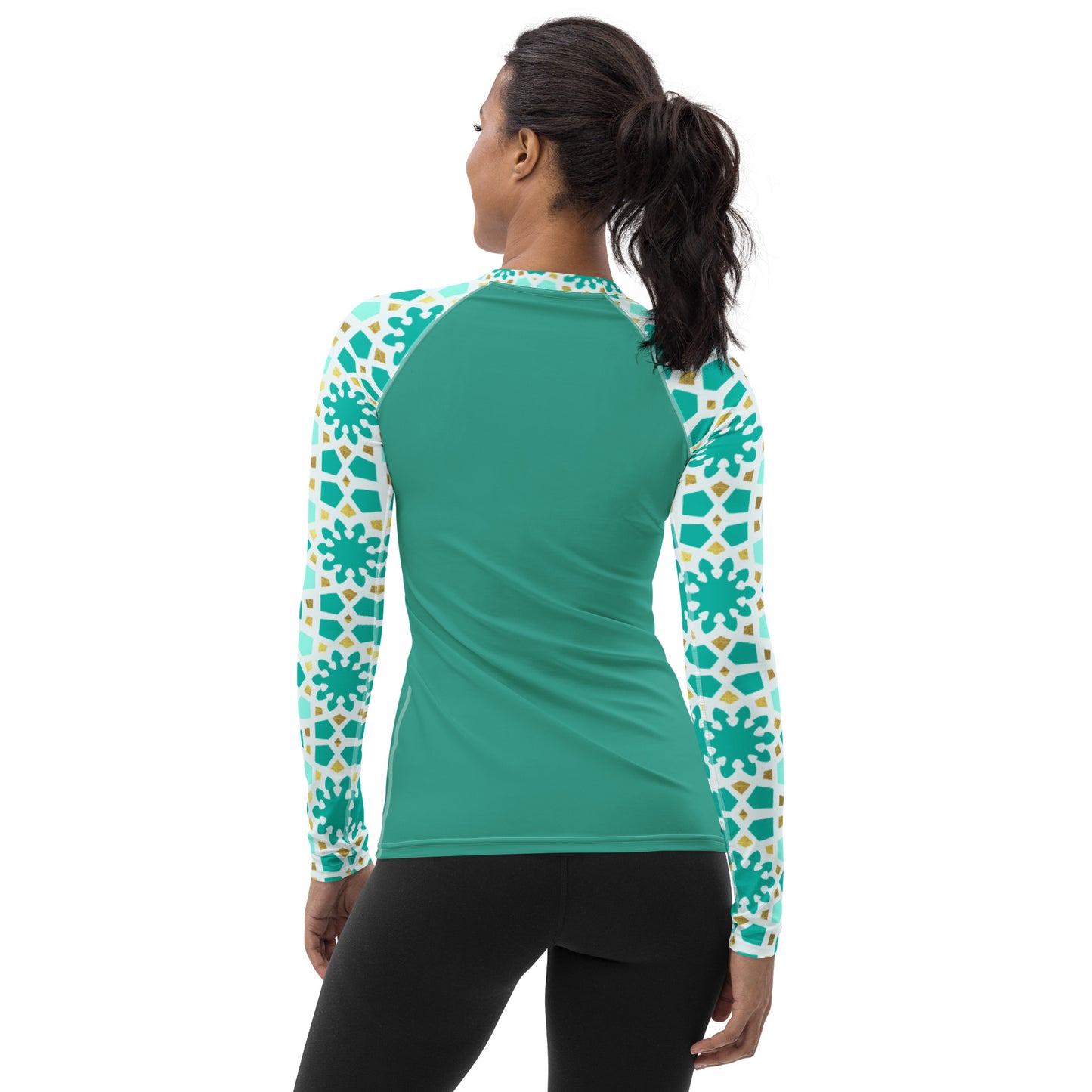 Women's Rash Guard - Geometric Arabesque in Mint and Gold Sleeve