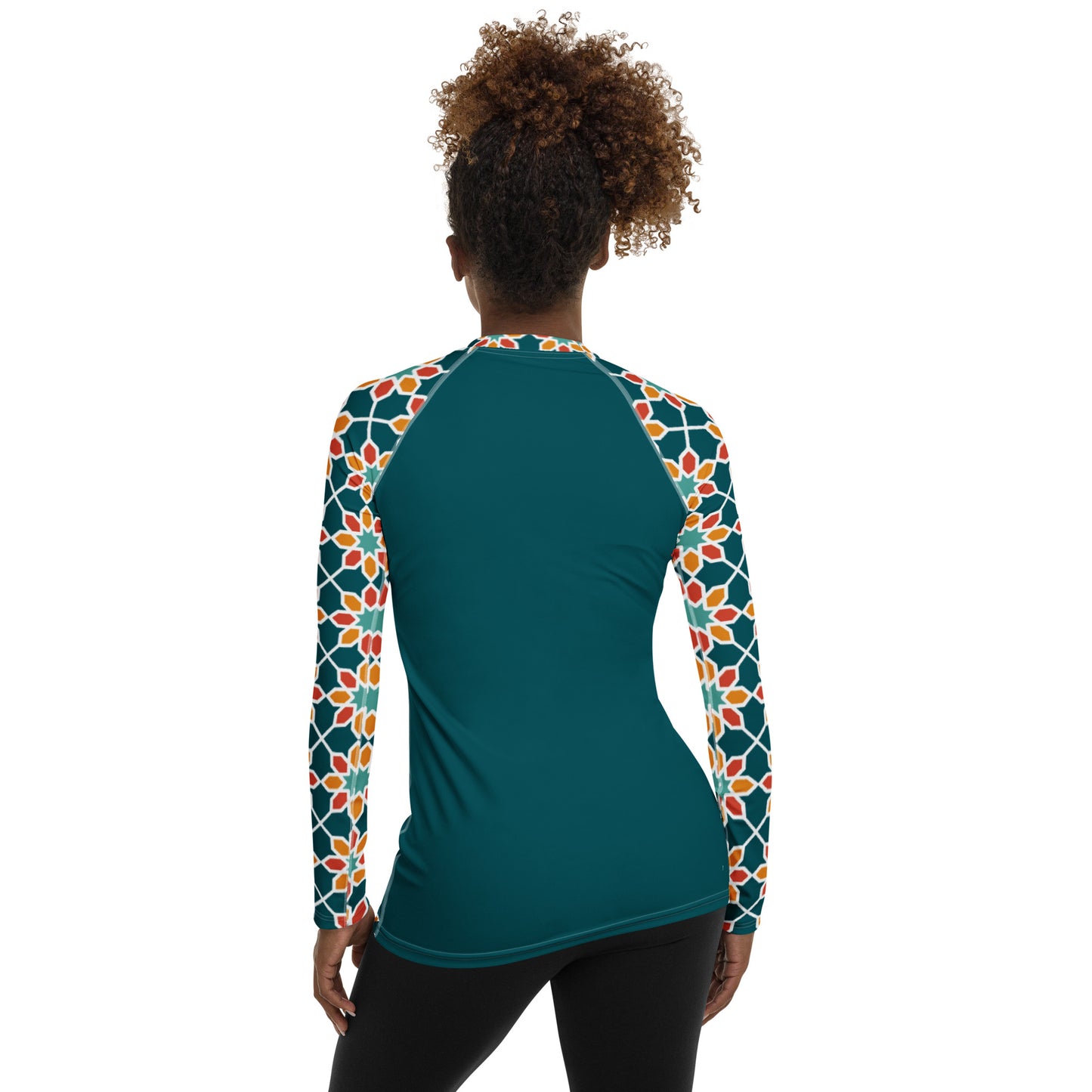 Women's Rash Guard - Geometric Desert Daisy Teal Sleeve