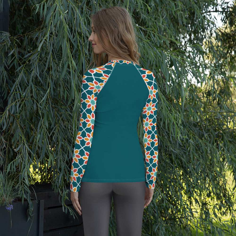 Women's Rash Guard - Geometric Desert Daisy Teal Sleeve