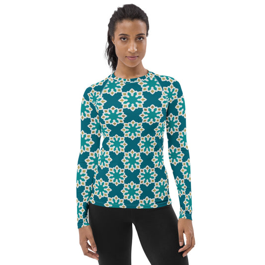 Women's Rash Guard - Arabesque Flowers in Aqua and Gold