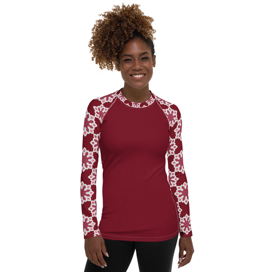 Women's Rash Guard - Arabesque Flower in Rouge Sleeve