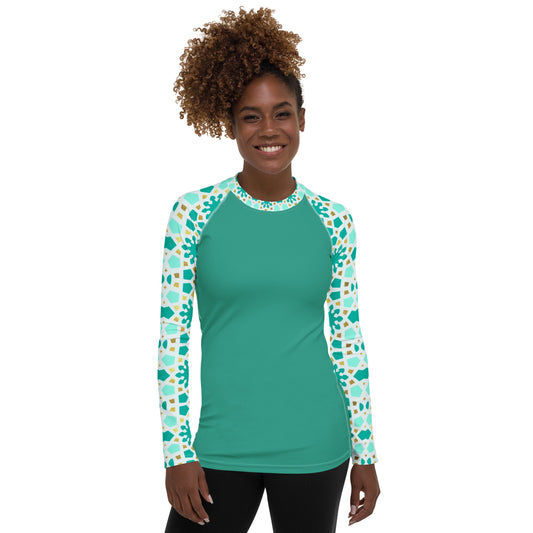 Women's Rash Guard - Geometric Arabesque in Mint and Gold Sleeve