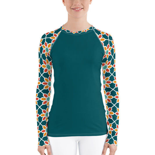 Women's Rash Guard - Geometric Desert Daisy Teal Sleeve