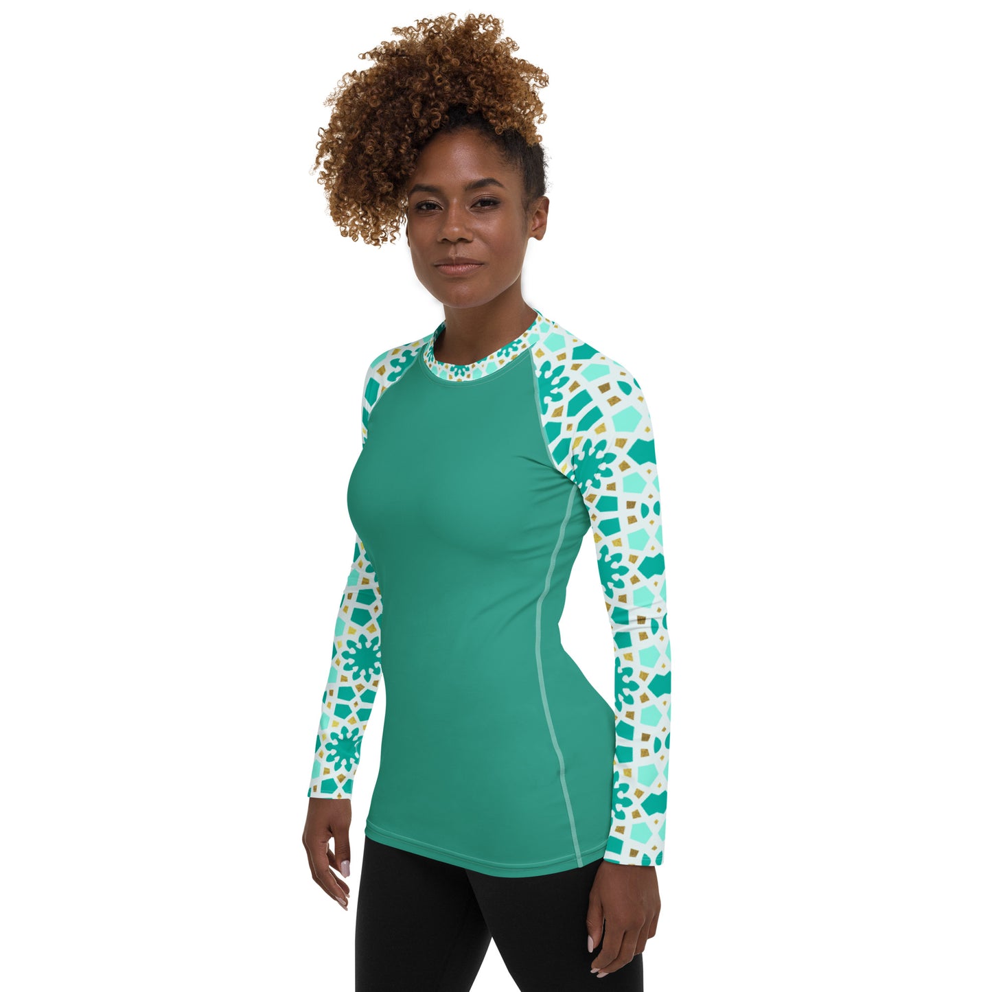 Women's Rash Guard - Geometric Arabesque in Mint and Gold Sleeve