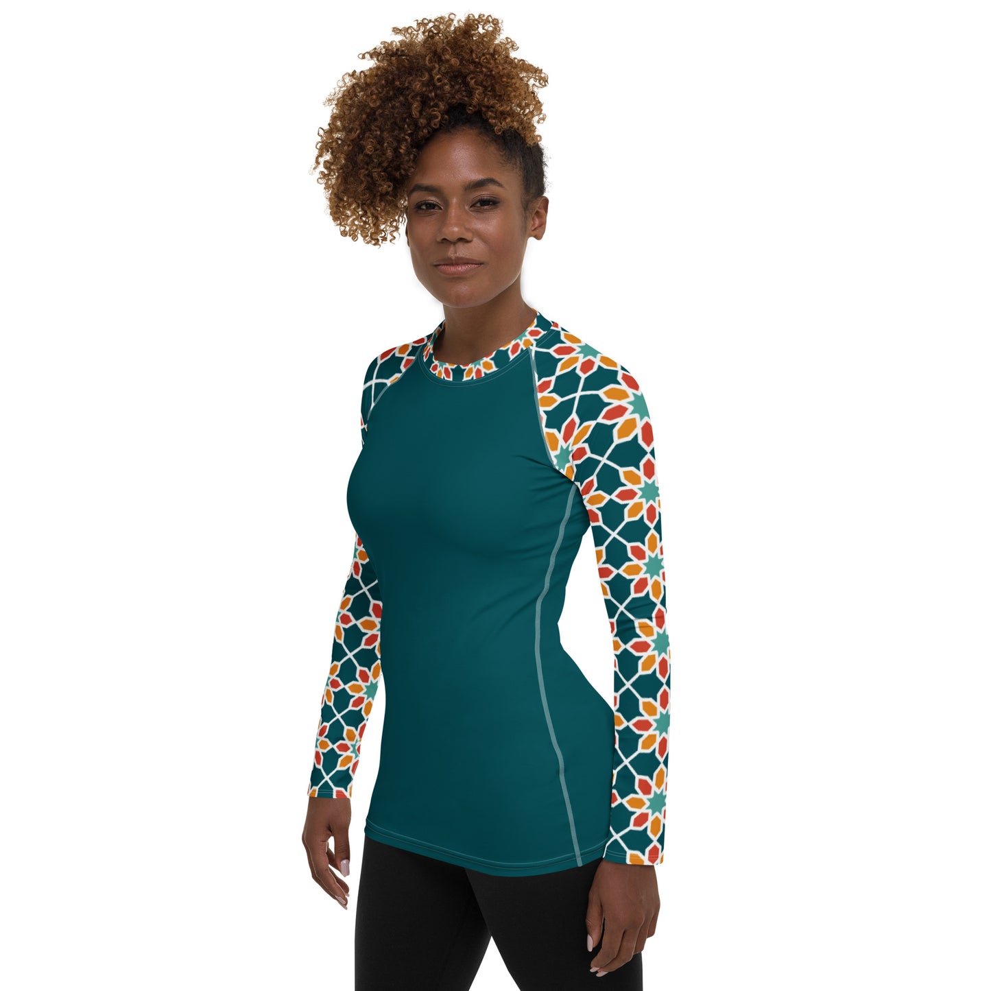 Women's Rash Guard - Geometric Desert Daisy Teal Sleeve