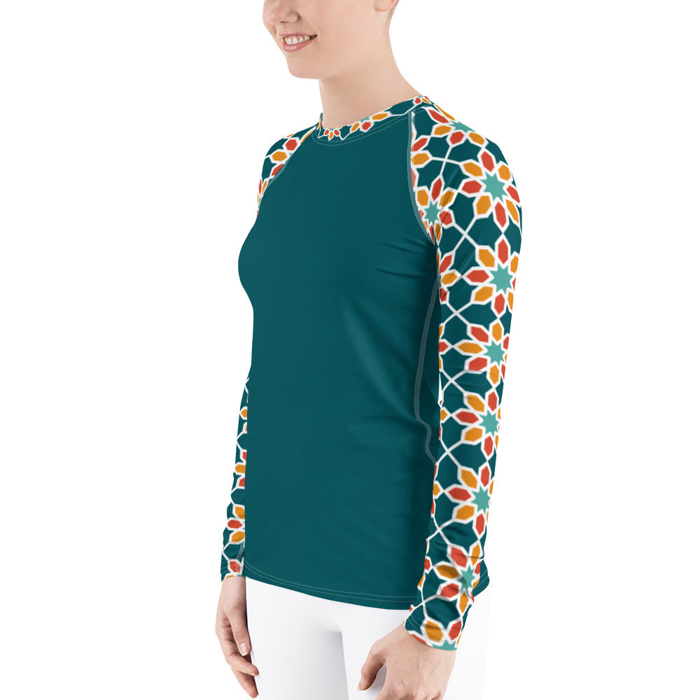 Women's Rash Guard - Geometric Desert Daisy Teal Sleeve