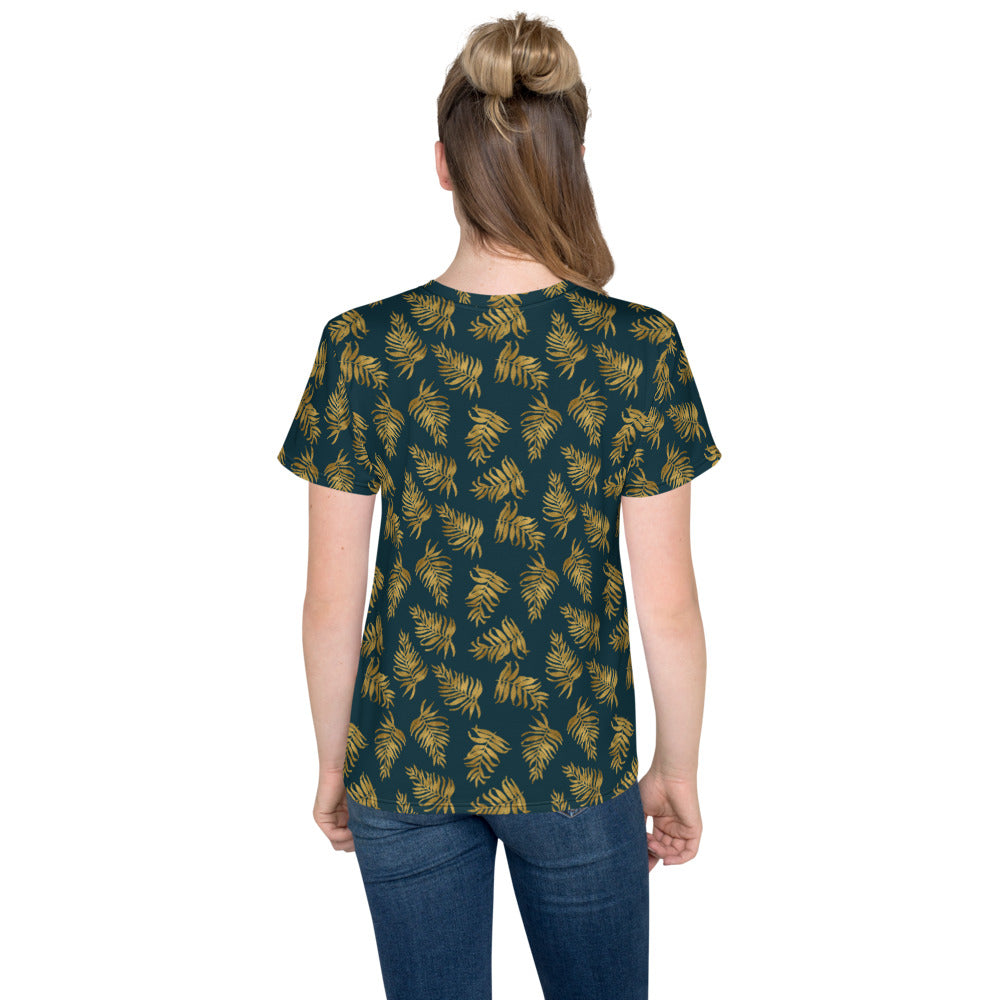 Youth crew neck t-shirt - Palm Leaves in Gold and Teal