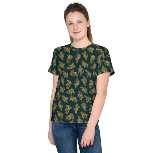 Youth crew neck t-shirt - Palm Leaves in Gold and Teal