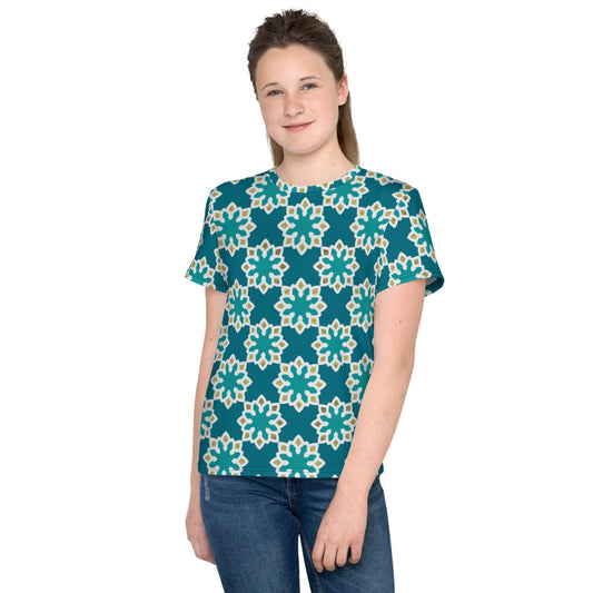 Youth crew neck t-shirt - Arabesque Flowers in Aqua and Gold