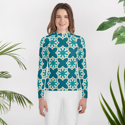 Youth Rash Guard - Arabesque flowers in Aqua and Gold