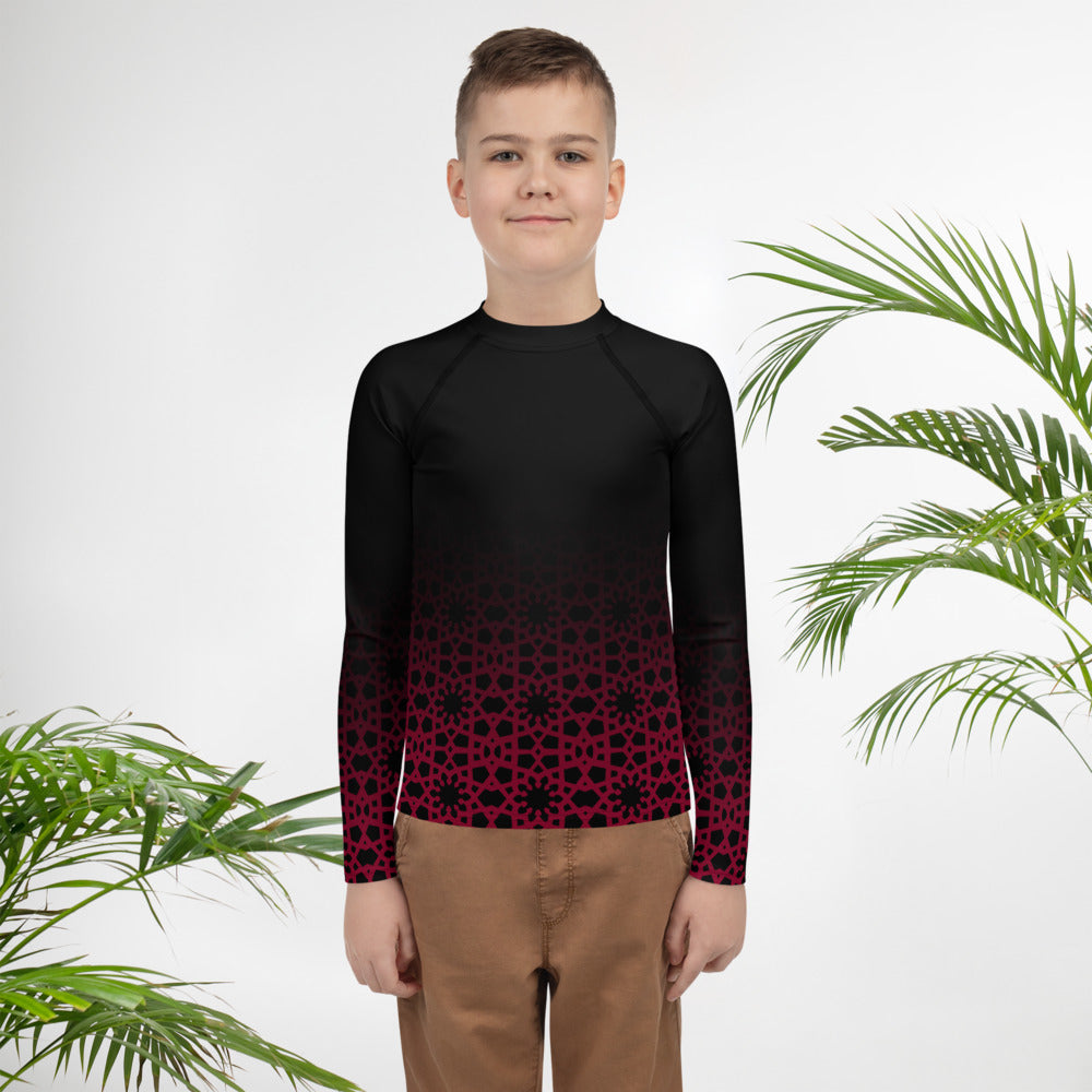 Youth Rash Guard - Geometric Ombre in Black and Red