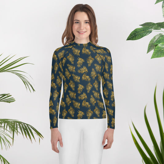 Youth Rash Guard - Palm Leaves in Slate and Gold