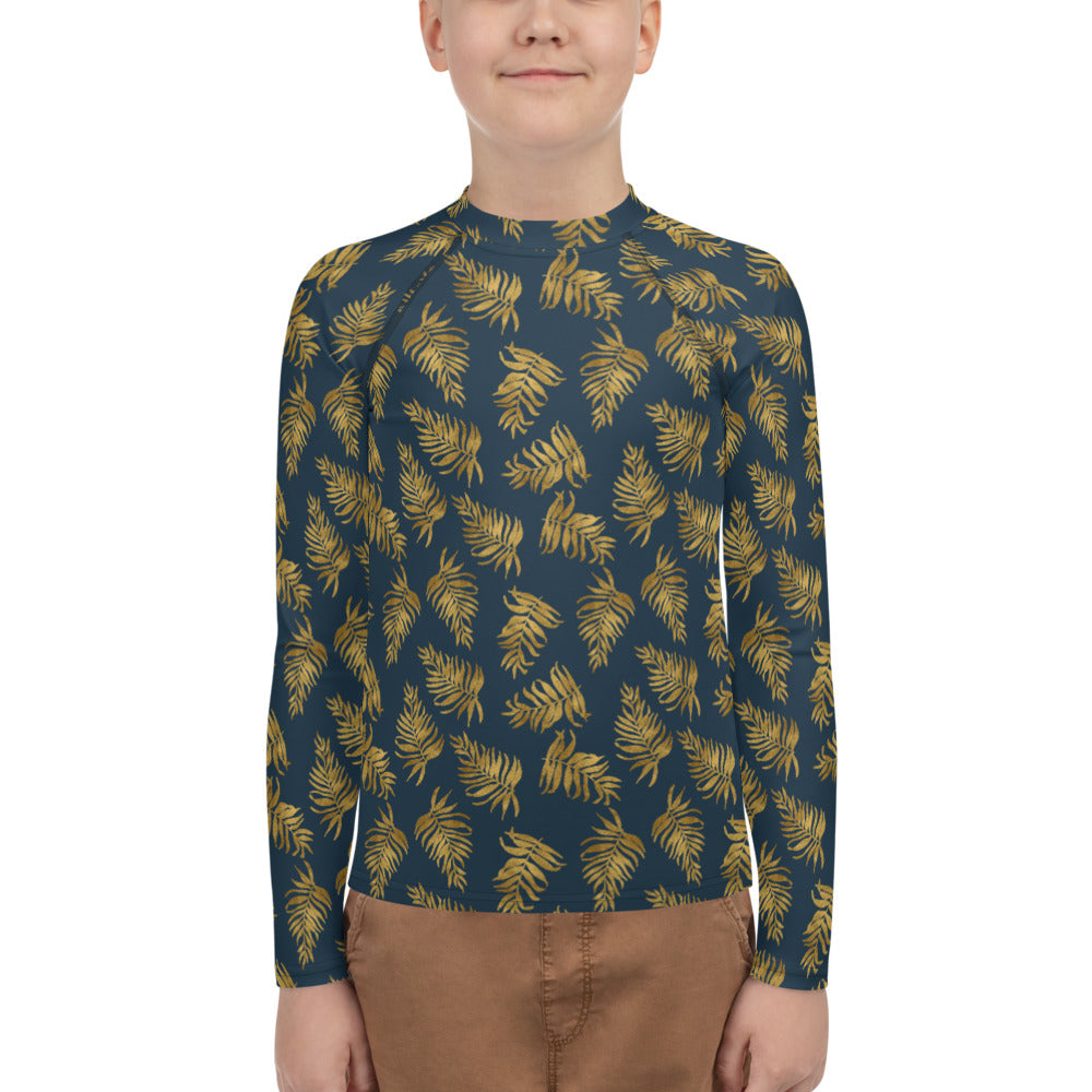 Youth Rash Guard - Palm Leaves in Slate and Gold