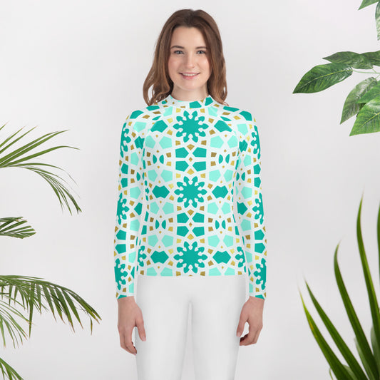 Youth Rash Guard - Geometric Arabesque in Mint and Gold