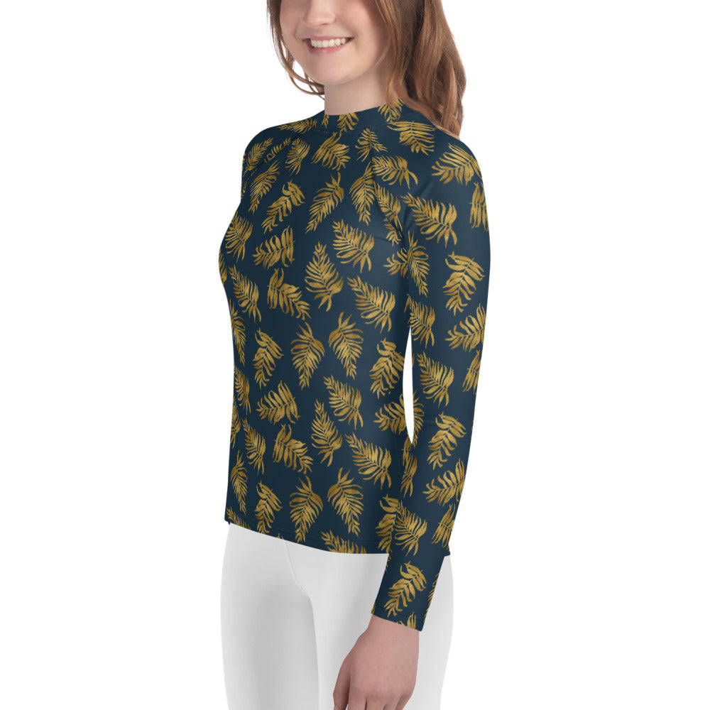 Youth Rash Guard - Palm Leaves in Slate and Gold