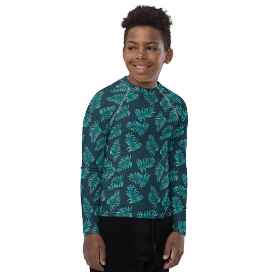 Youth Rash Guard - Palm Leaves in Blue Ombre
