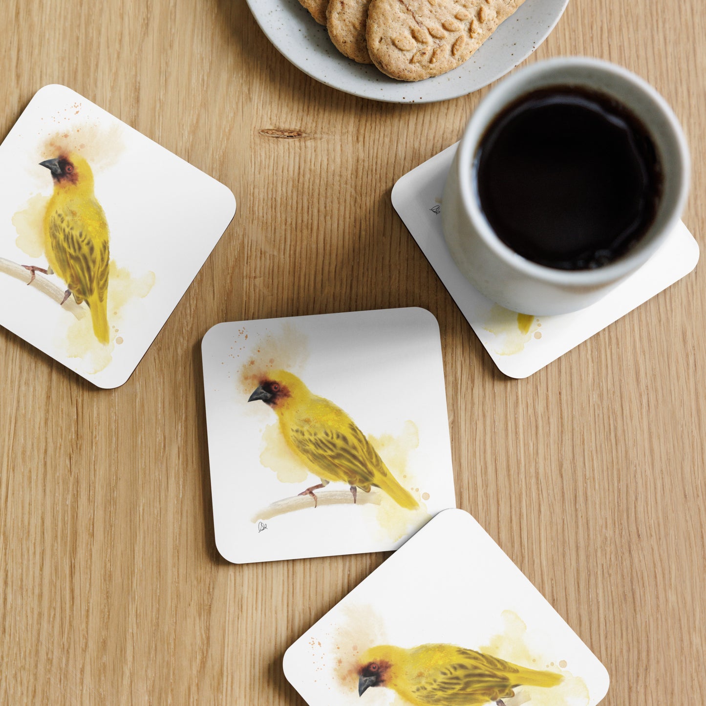 Ruppelle's Weaver Bird Watercolor Cork-back coaster