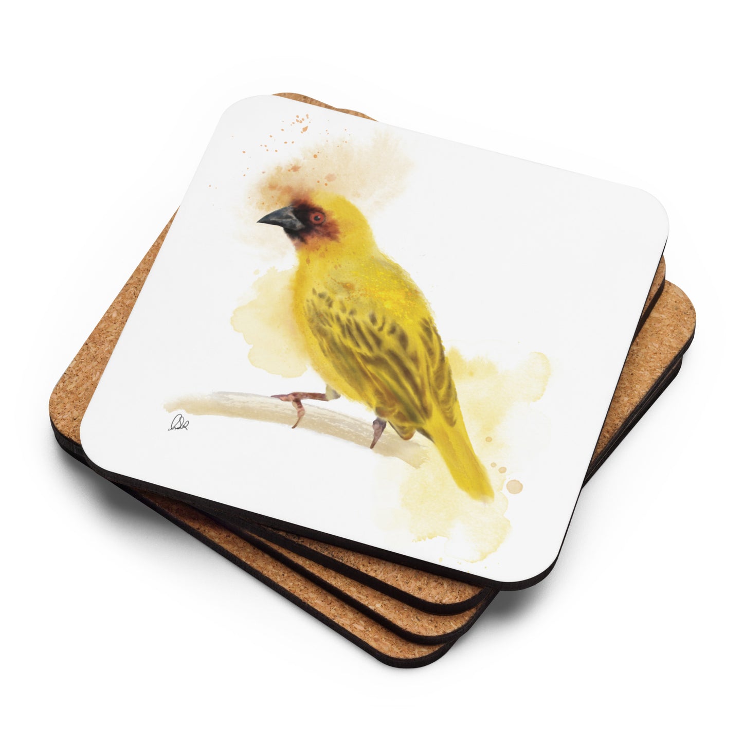 Ruppelle's Weaver Bird Watercolor Cork-back coaster