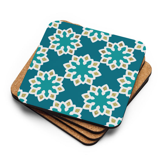 Arabesque flowers in Aqua and gold Cork-back coaster