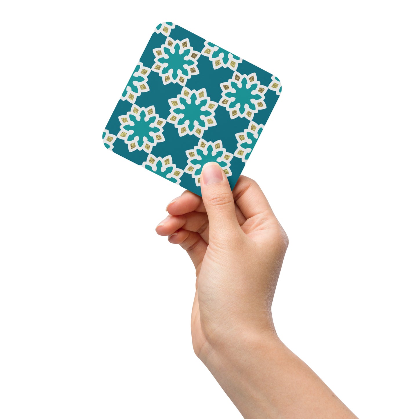 Arabesque flowers in Aqua and gold Cork-back coaster