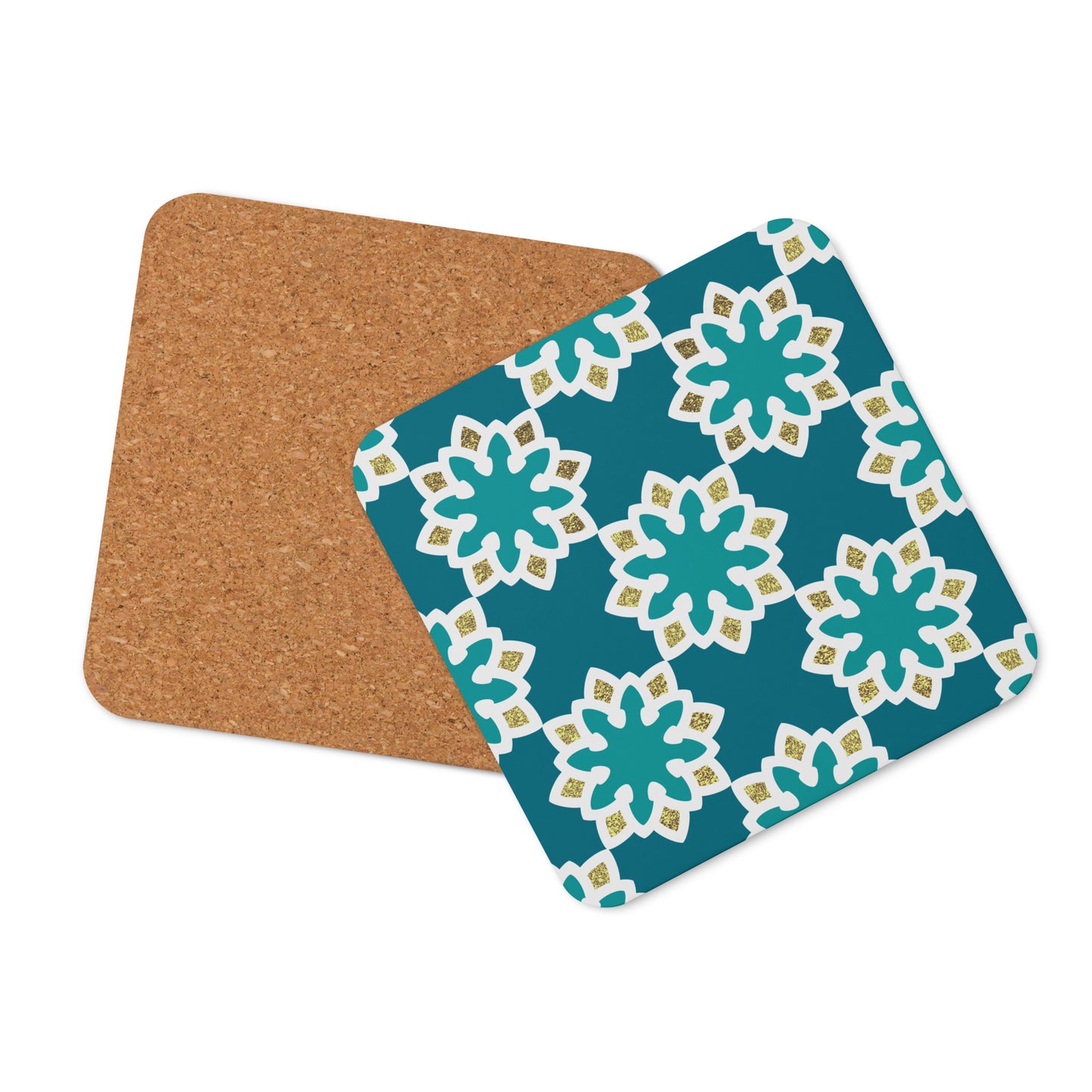 Arabesque flowers in Aqua and gold Cork-back coaster