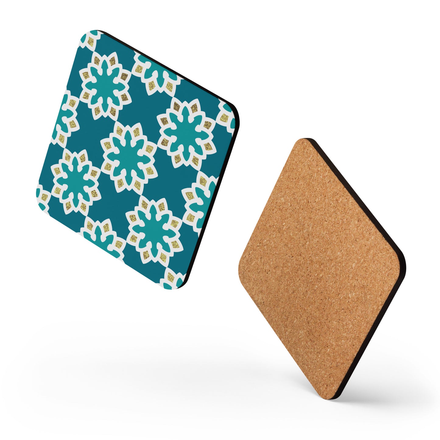 Arabesque flowers in Aqua and gold Cork-back coaster