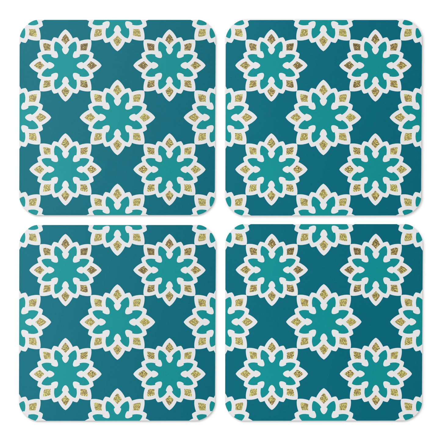 Arabesque flowers in Aqua and gold Cork-back coaster