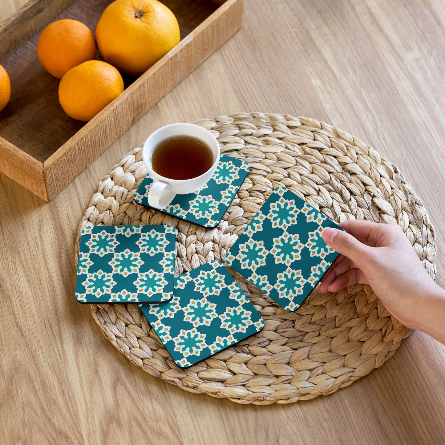 Arabesque flowers in Aqua and gold Cork-back coaster