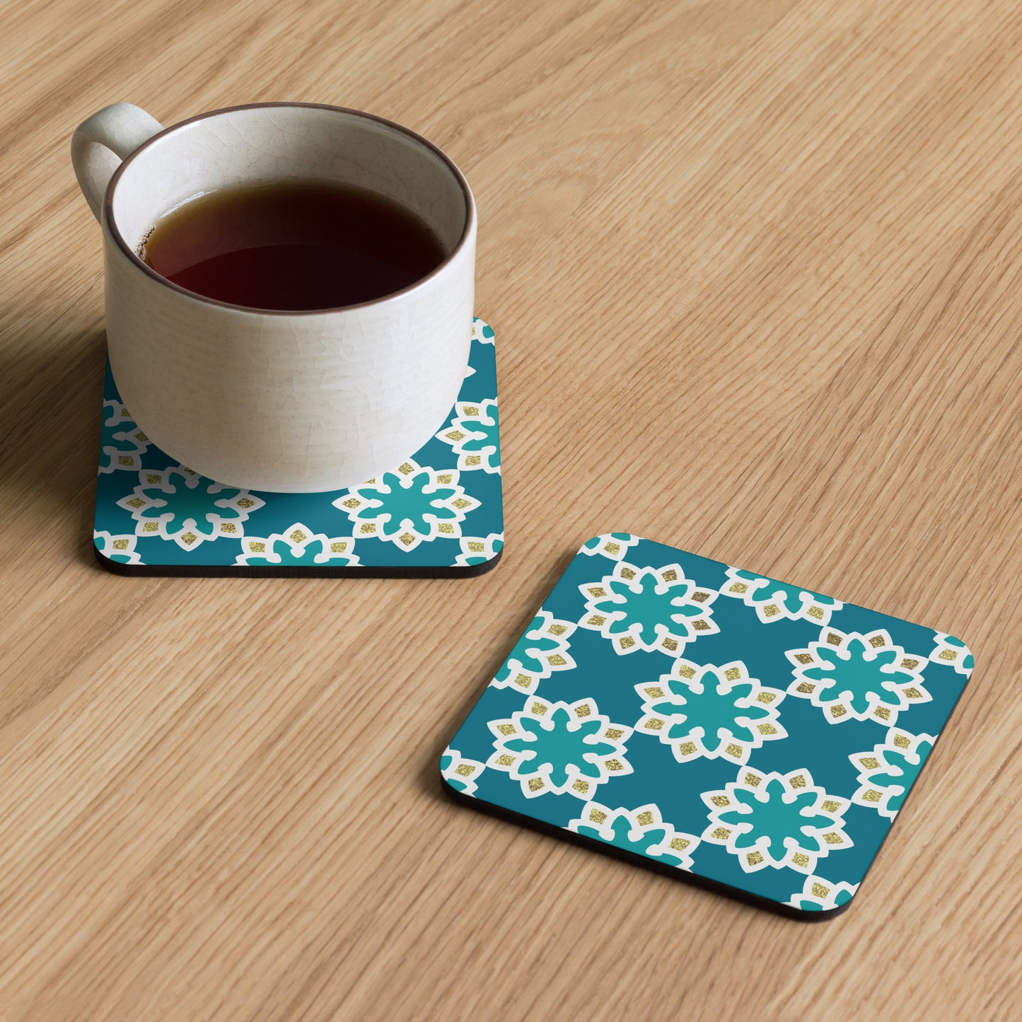 Arabesque flowers in Aqua and gold Cork-back coaster