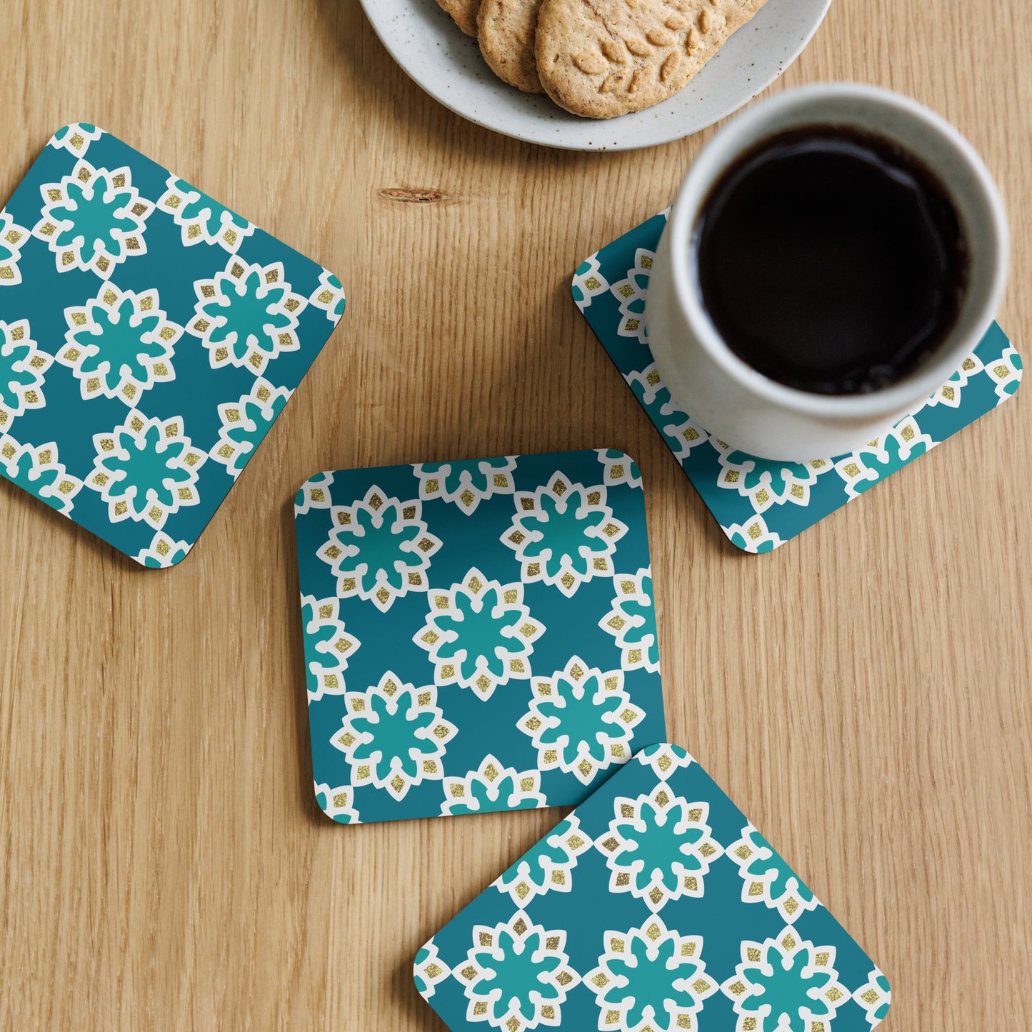 Arabesque flowers in Aqua and gold Cork-back coaster