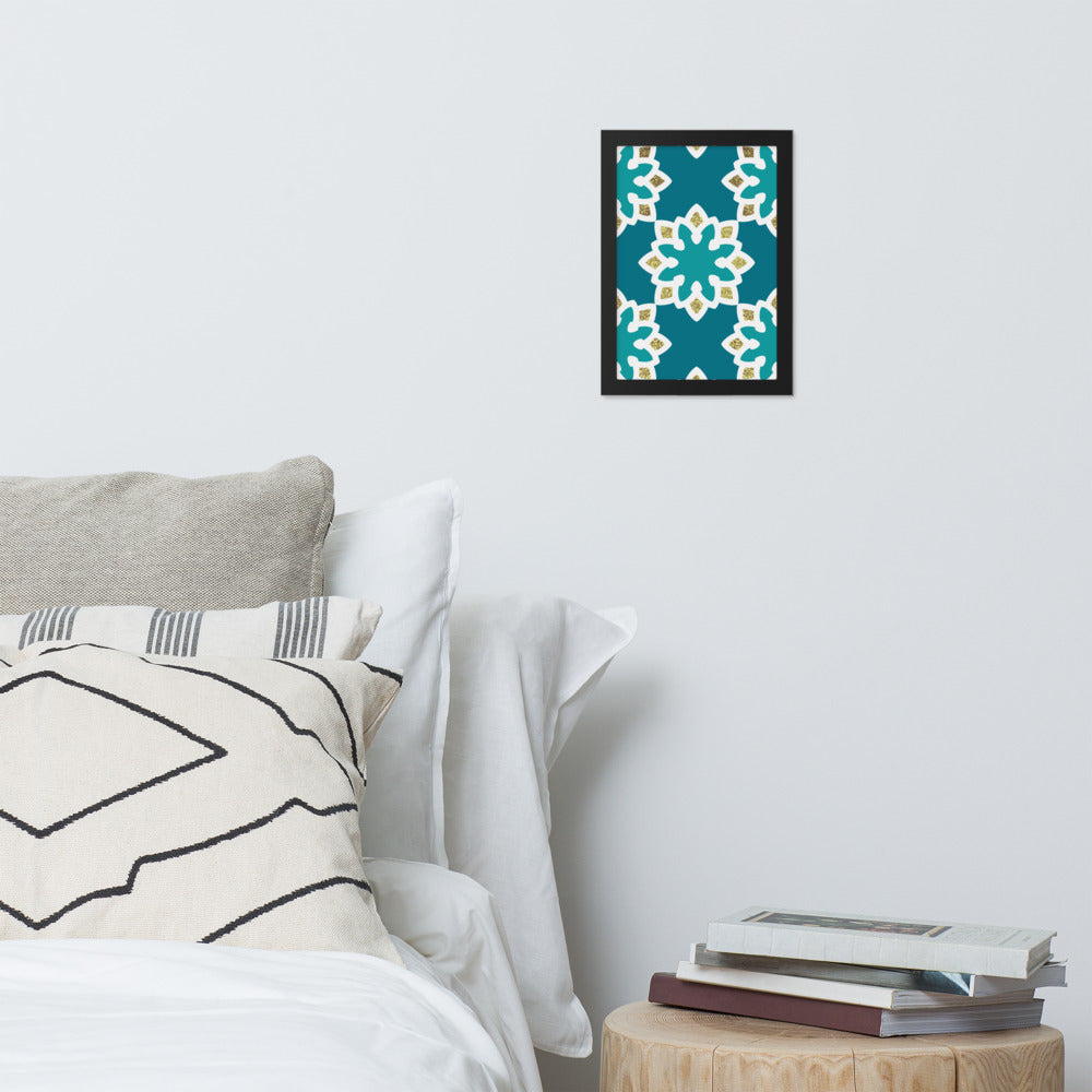 Framed matte paper poster - Arabesque Flowers in Aqua and Gold