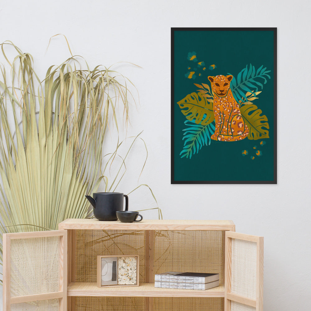 Framed matte paper poster - Arabian Wildlife - Arabian Leopard Teal and Orange