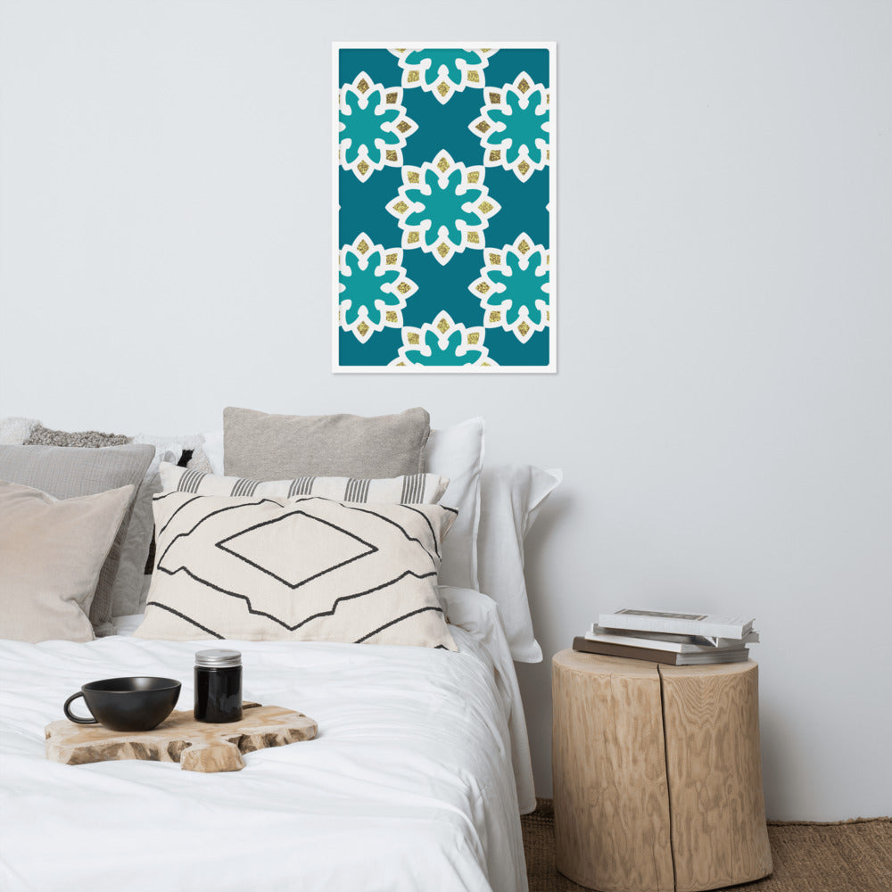 Framed matte paper poster - Arabesque Flowers in Aqua and Gold