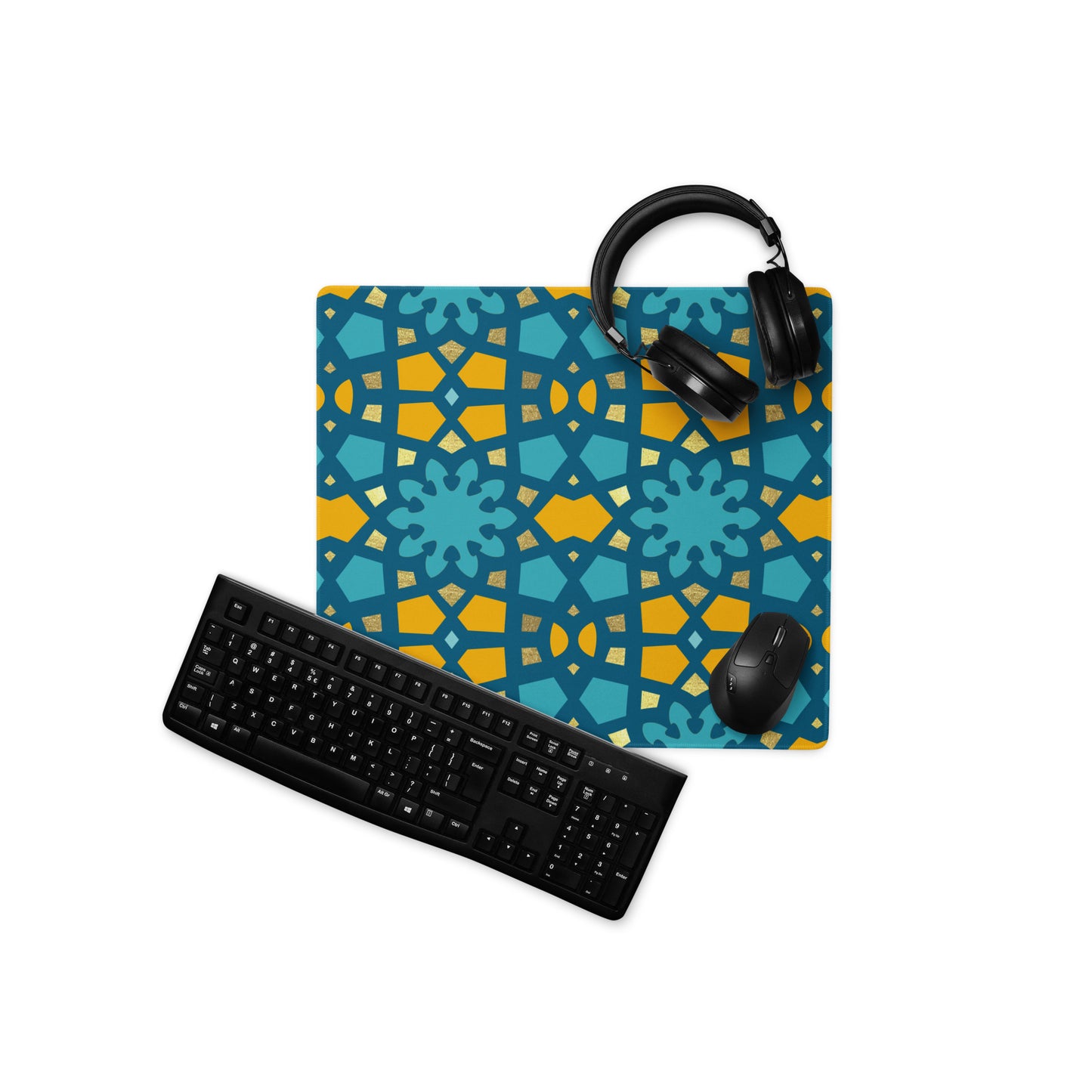 Desk Pad - Geometric Arabesque in Yellow and Teal
