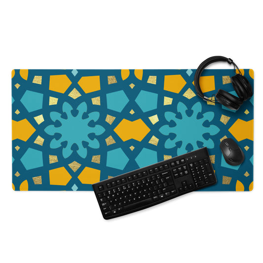 Desk Pad - Geometric Arabesque in Yellow and Teal