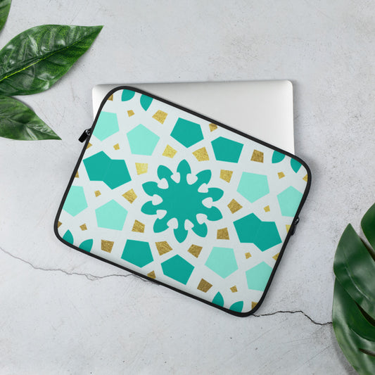 Laptop Sleeve - Geometric Arabesque Pattern in Mint and Gold