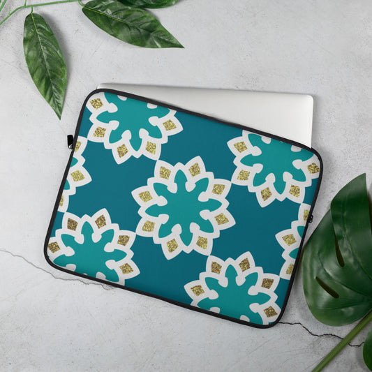 Laptop Sleeve - Arabesque Flowers in Aqua and Gold