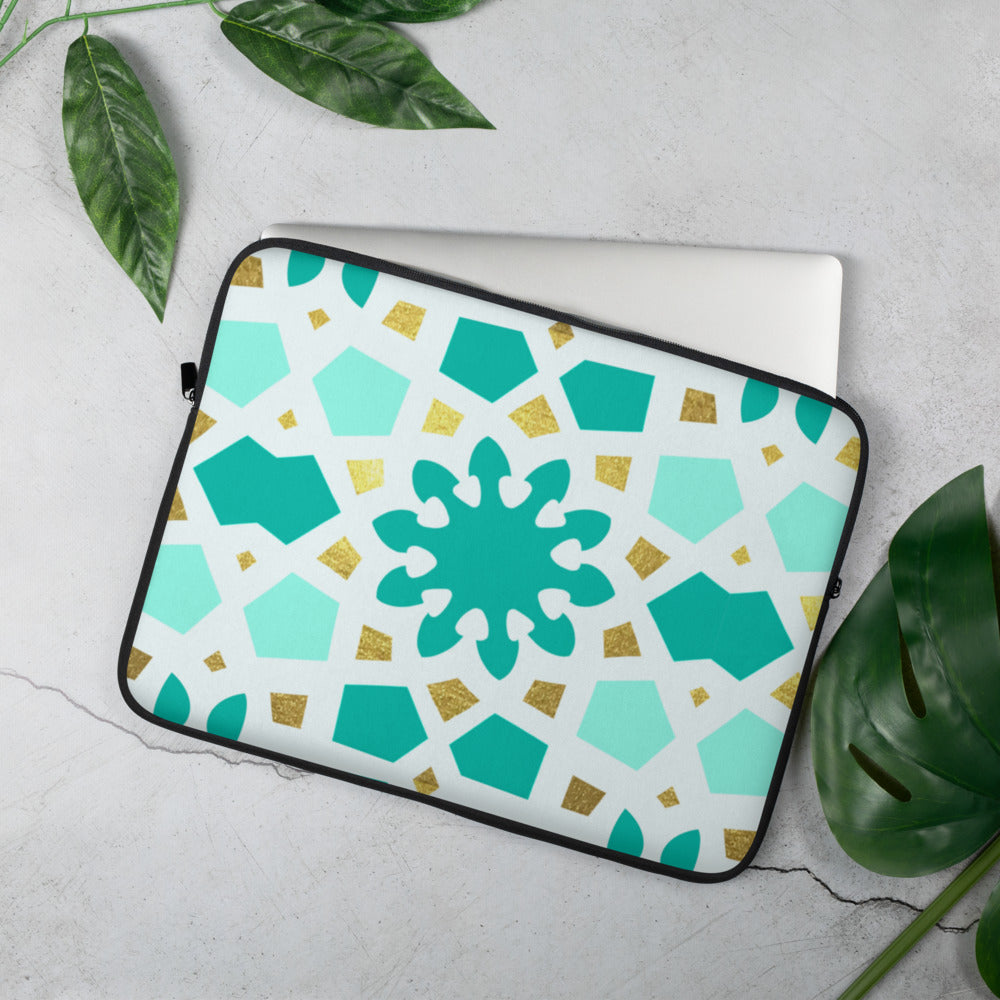 Laptop Sleeve - Geometric Arabesque Pattern in Mint and Gold