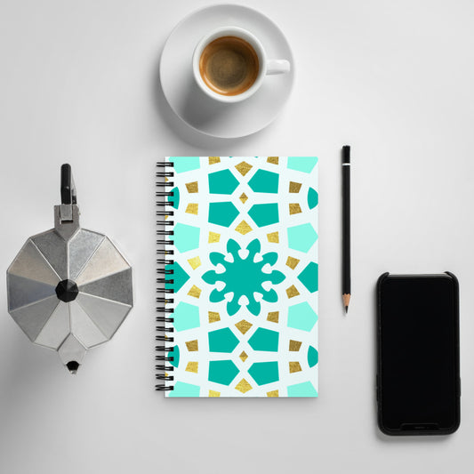 Spiral notebook - Geometric Arabesque Pattern in Mint and Gold