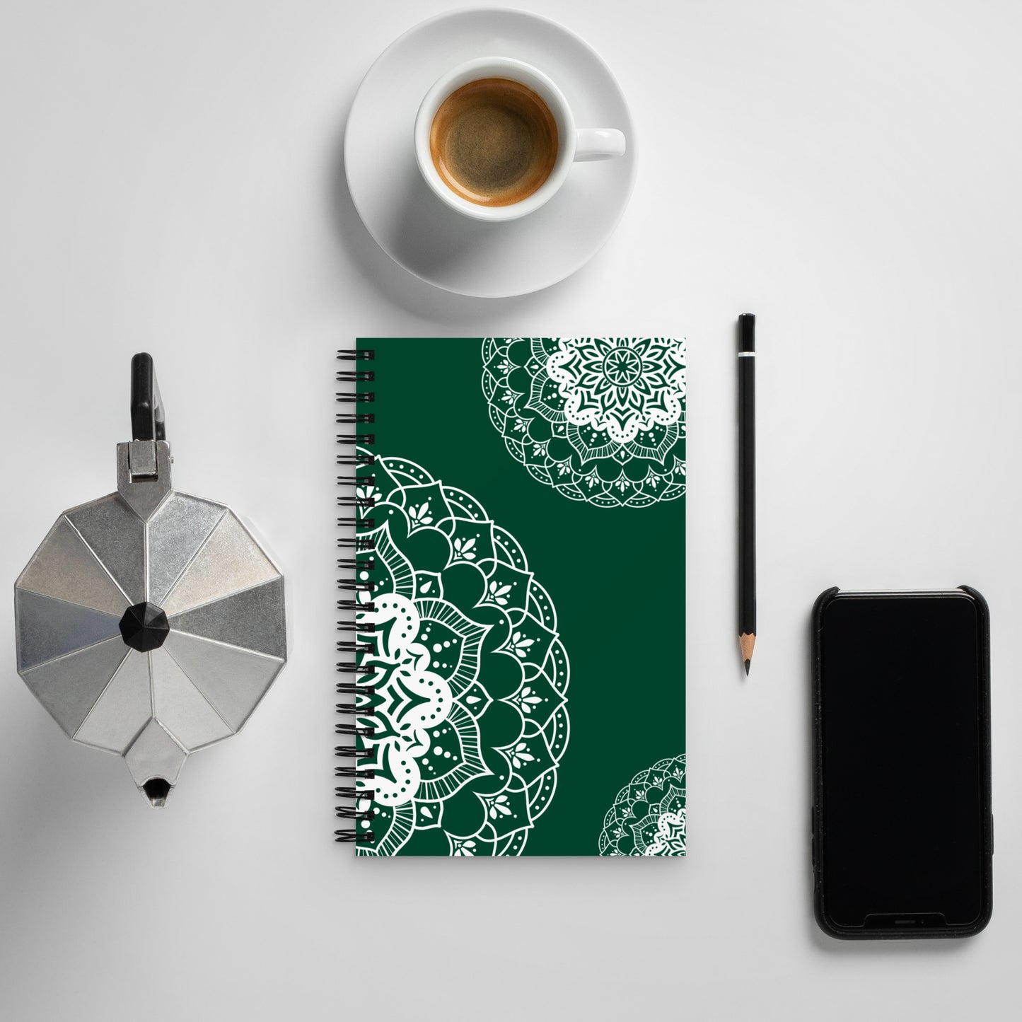 Saudi National Day Green and White Mandala notebook