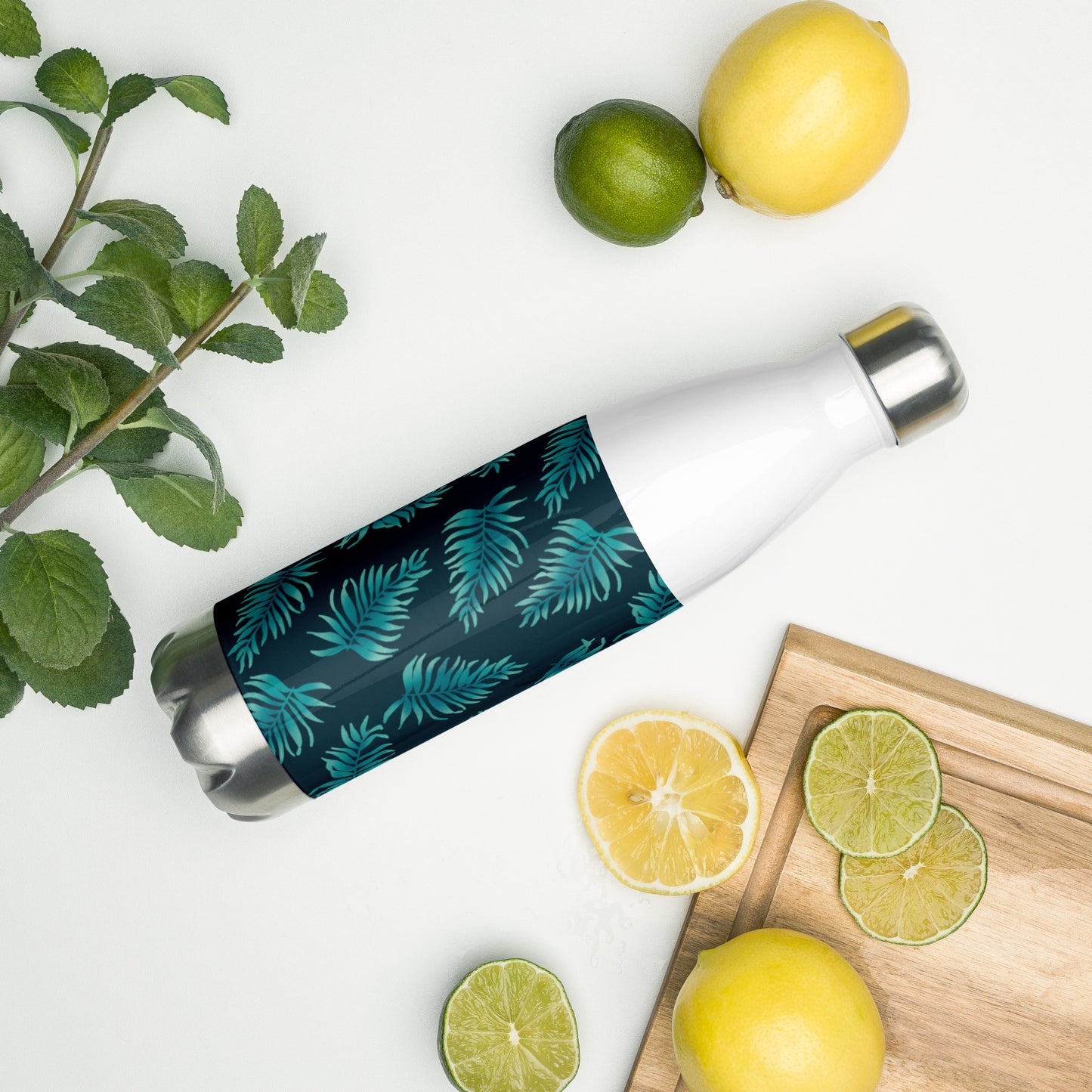 Stainless Steel Water Bottle - Palm Leaves in Blue Ombre