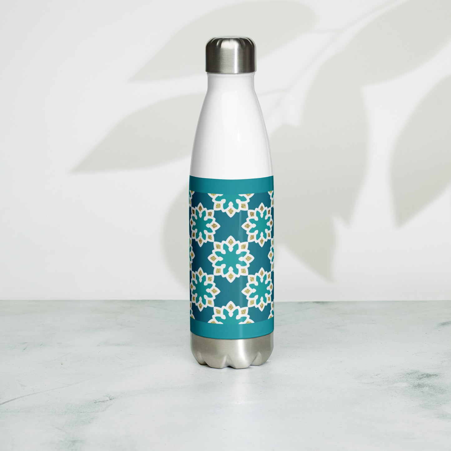 Stainless Steel Water Bottle - Arabesque Flower in Aqua and Gold