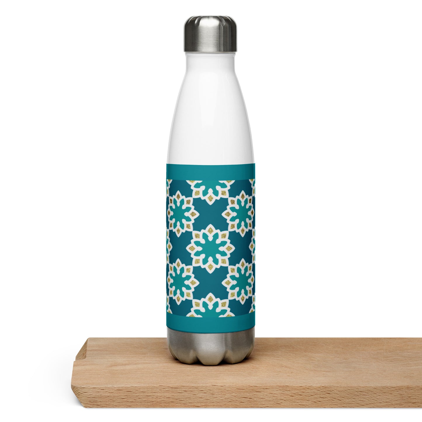 Stainless Steel Water Bottle - Arabesque Flower in Aqua and Gold