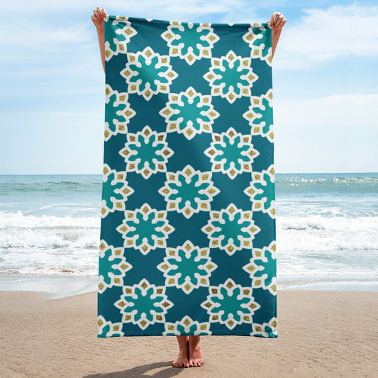 Towel - Arabesque Flowers in Aqua and Gold