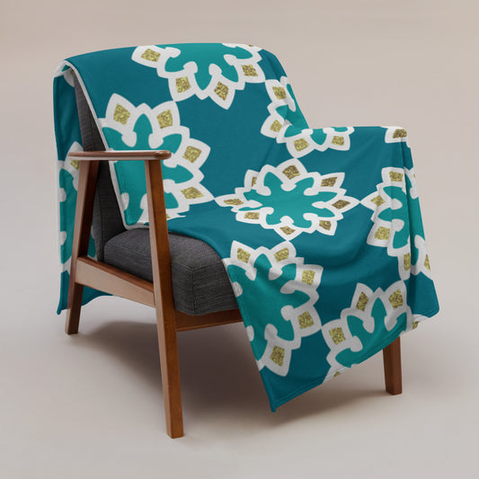 Throw Blanket - Arabesque Flowers in Aqua And Gold