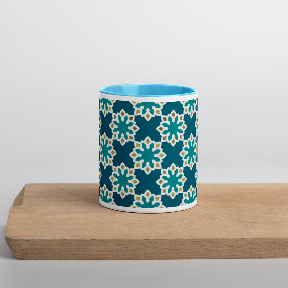 Mug with Color Inside - Arabesque Flowers in Aqua and Gold