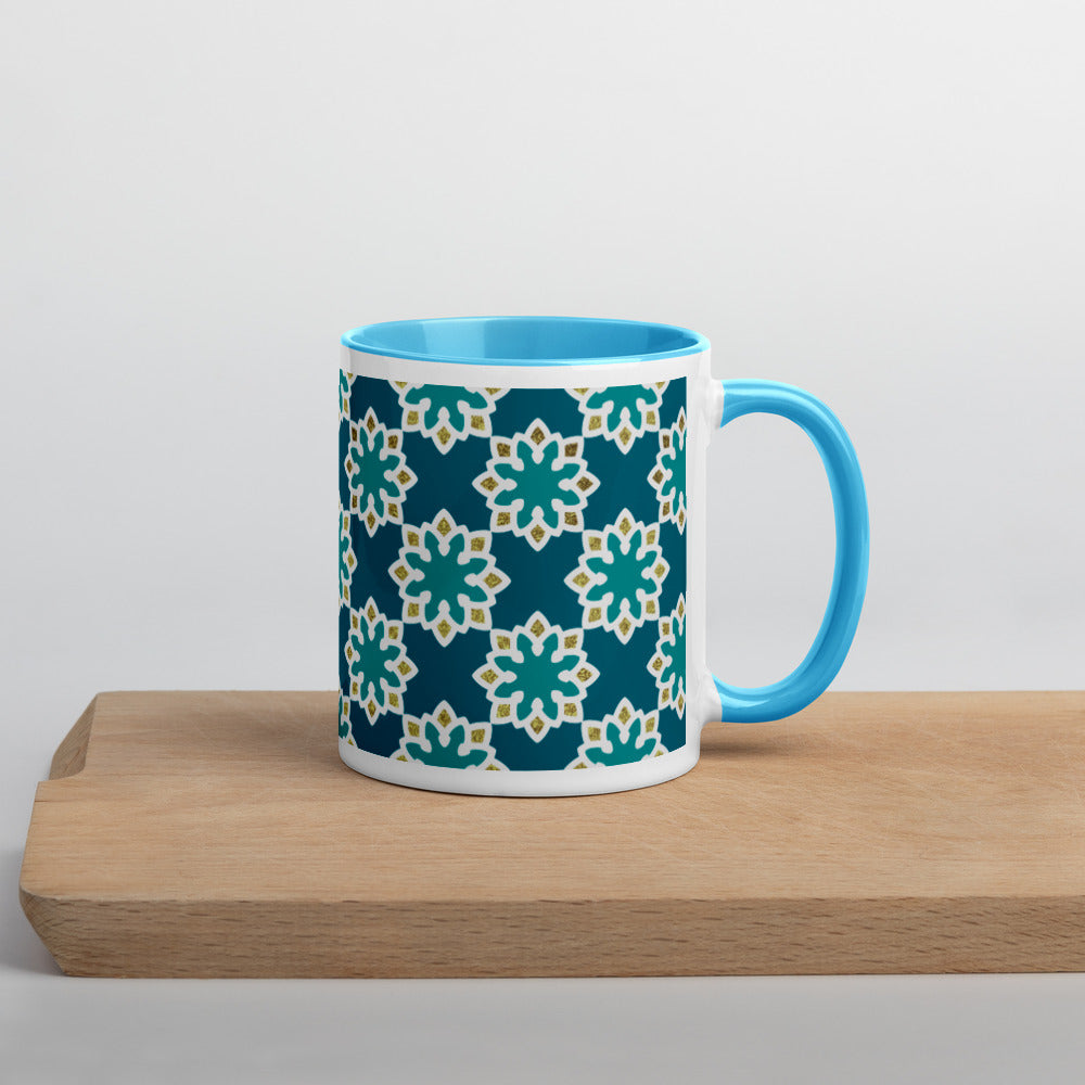 Mug with Color Inside - Arabesque Flowers in Aqua and Gold