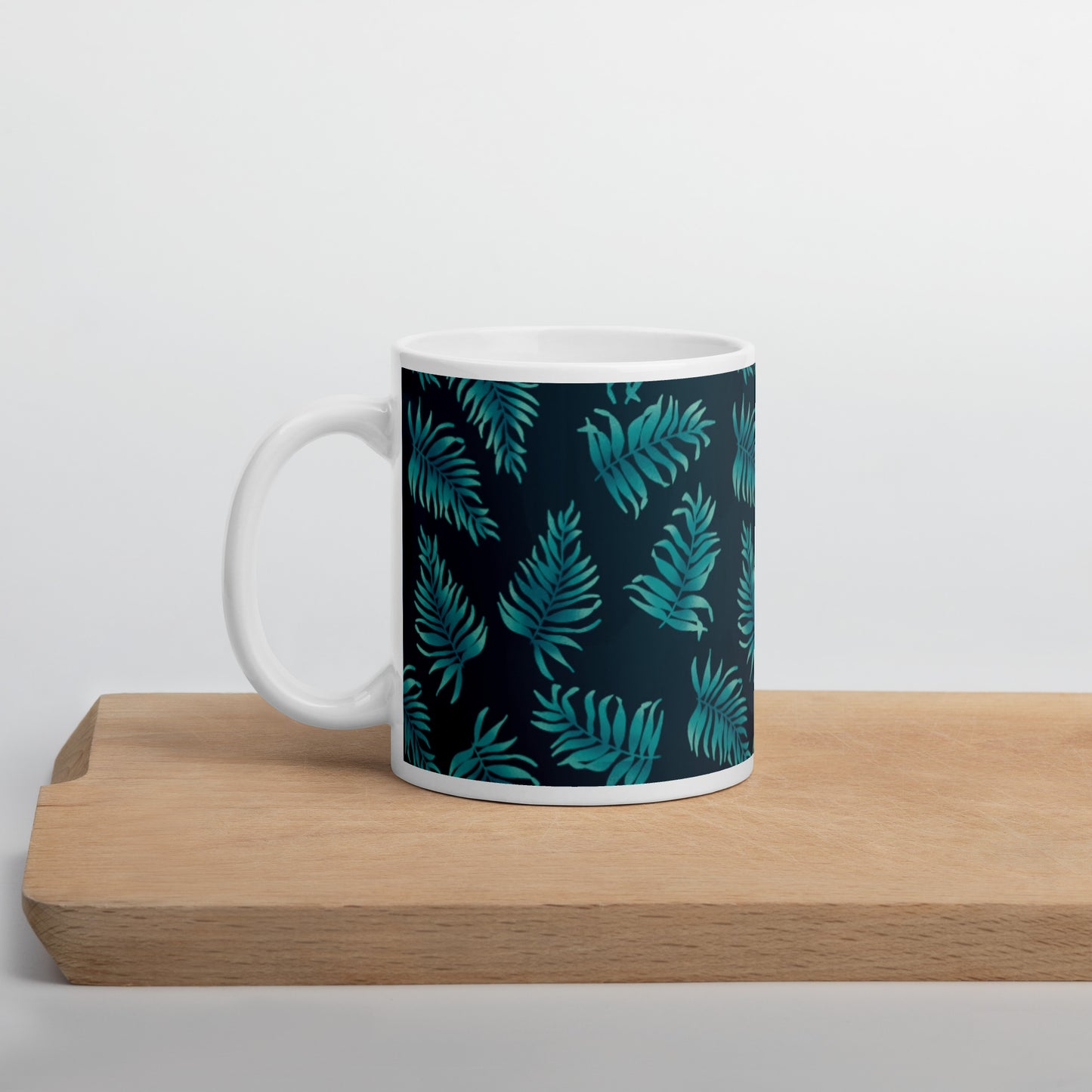 White glossy mug - Palm Leaves in Blue Ombre