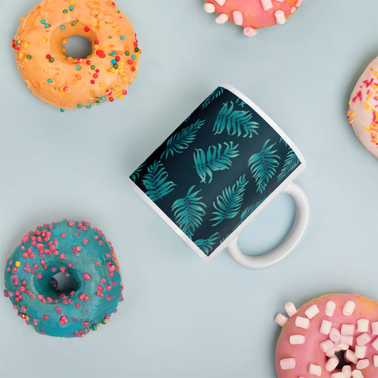 White glossy mug - Palm Leaves in Blue Ombre